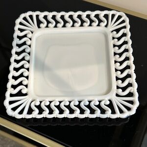Antique Atterbury Milk Glass Reticulated “S” Lace Edge Square Plate